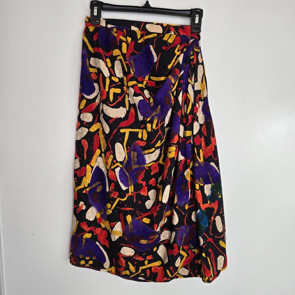 Vtg 1980s‎ Emanuel Ungaro Parallèle Abstract Print Silk Wrap Skirt Sz6 Colorful